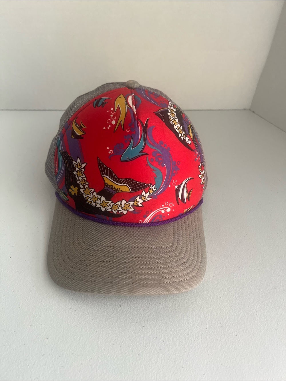 VTG Rare Patagonia Pataloha Cap Snapback Trucker Red Gray Tropical Fish